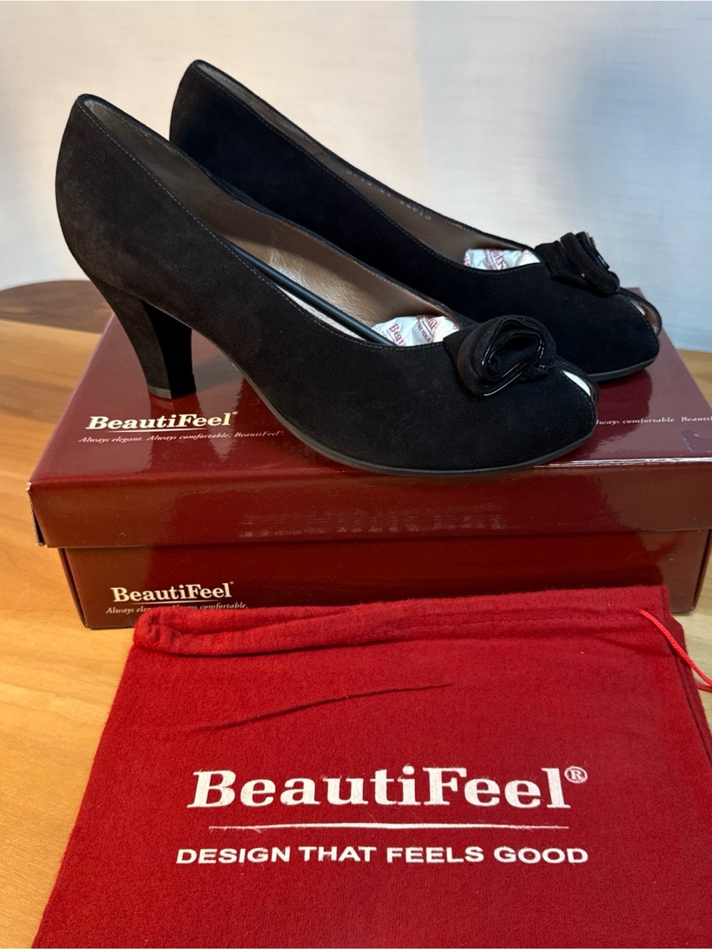 New BeautiFeel Suede Pumps Sz EU41 M Black Rosette Embellishment Open Toe